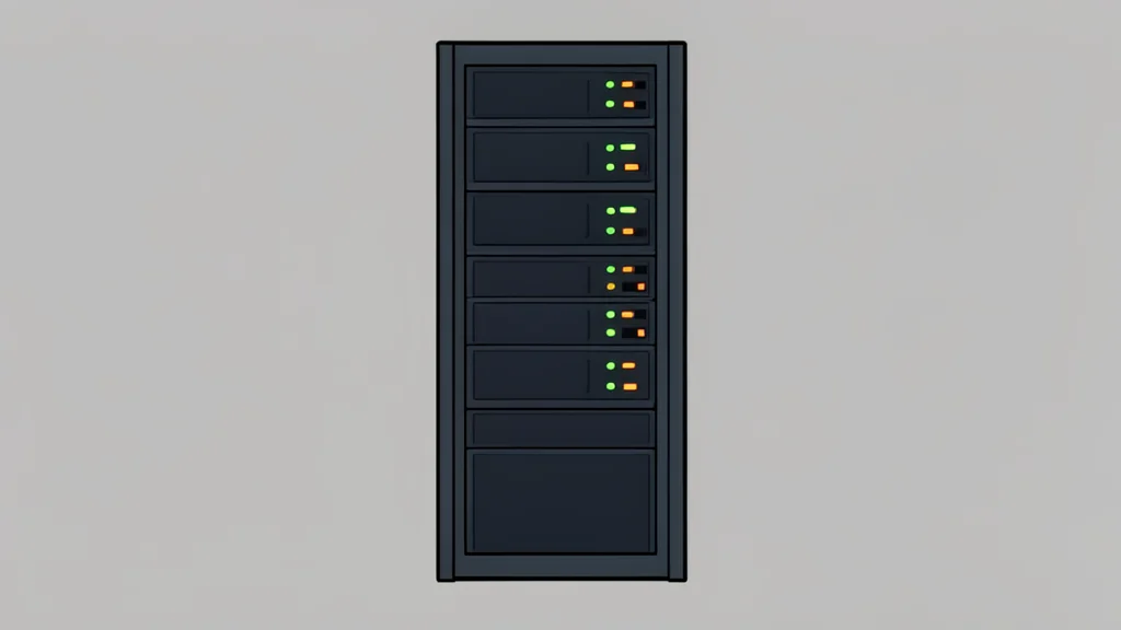 A stylized server rack with glowing status lights indicating active processing.