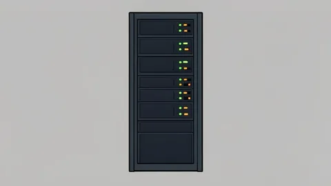 A stylized server rack with glowing status lights indicating active processing.