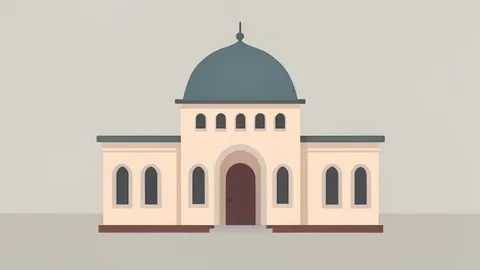 A flat-vector illustration of a synagogue building with a dome and arched windows.