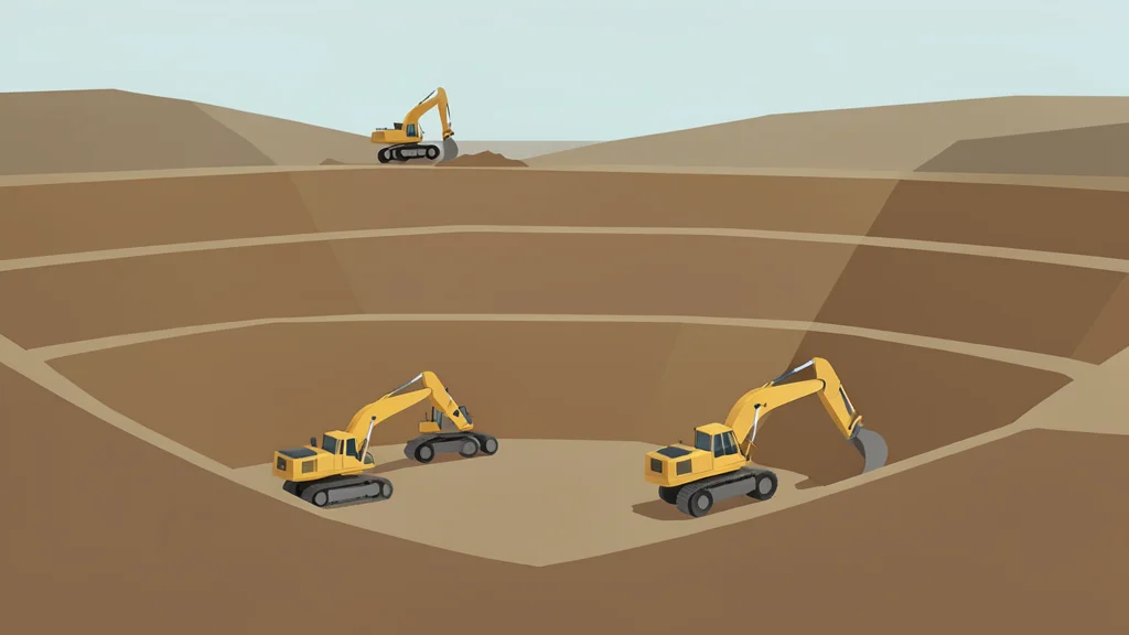 An open-pit gold mine with terraced earth walls and heavy mining equipment.