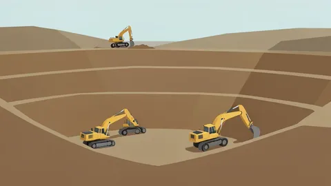 An open-pit gold mine with terraced earth walls and heavy mining equipment.