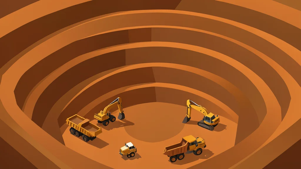 A large open-pit copper mine with terraced earth walls and heavy industrial mining equipment
