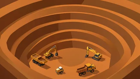 A large open-pit copper mine with terraced earth walls and heavy industrial mining equipment
