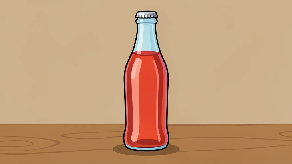 A flat vector illustration of a pair of athletic sneakers and a glass soda bottle on a wooden table.