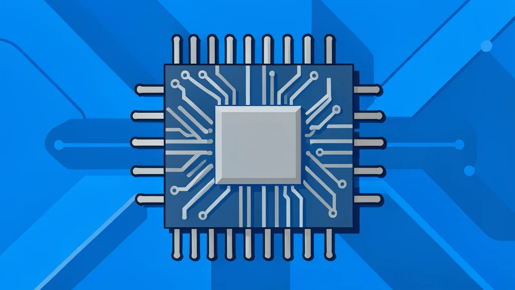 A flat vector illustration of a blue quantum chip with intricate metallic wiring patterns and abstract geometric shapes.