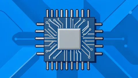 A flat vector illustration of a blue quantum chip with intricate metallic wiring patterns and abstract geometric shapes.