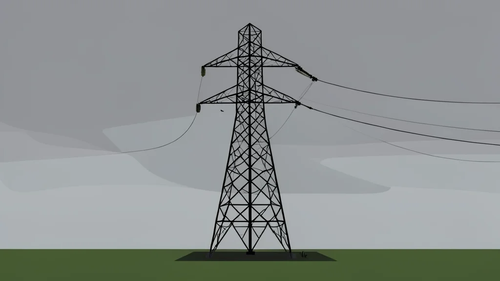 A damaged high-voltage electricity pylon standing in a field under a grey sky