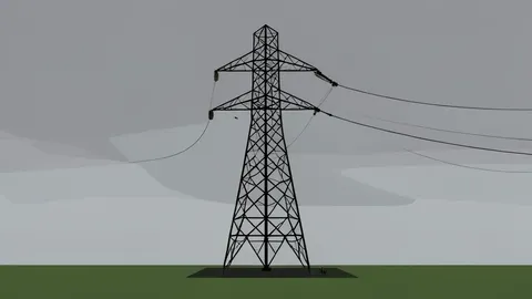 A damaged high-voltage electricity pylon standing in a field under a grey sky
