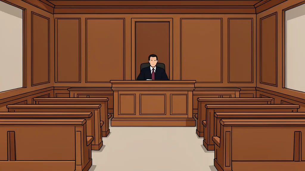 A stylized courtroom interior featuring wooden benches and a judge's bench.
