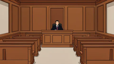 A stylized courtroom interior featuring wooden benches and a judge's bench.