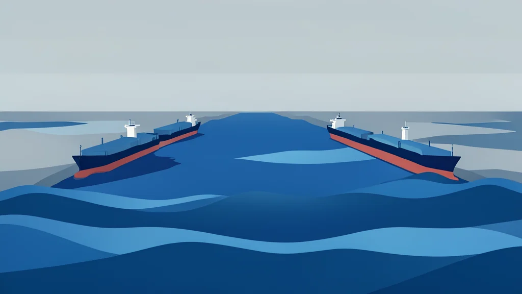 A wide, deep water strait with large oil tankers navigating through it