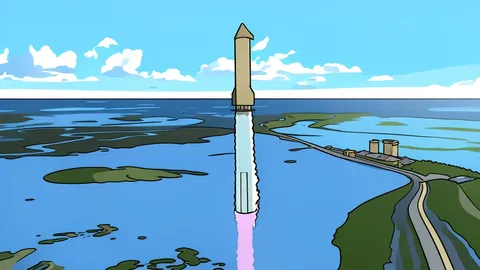 A massive white rocket standing vertically on a launch pad in a desert landscape