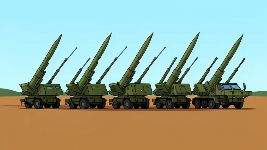 A row of military rocket launchers positioned on a dirt field