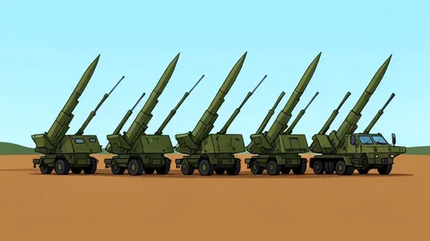 A row of military rocket launchers positioned on a dirt field