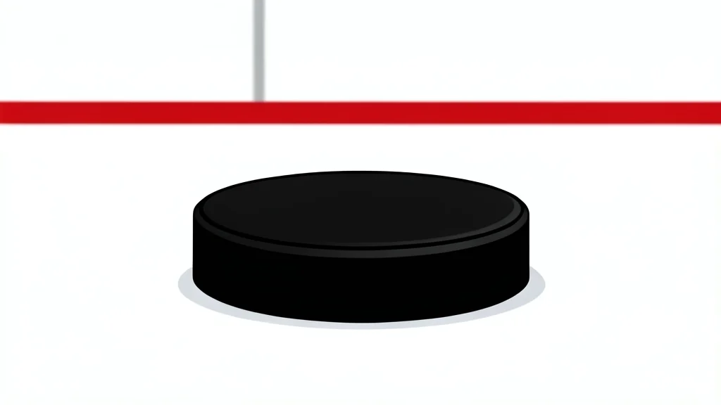 A flat-vector illustration of an ice hockey rink with a single puck resting on the white ice surface.