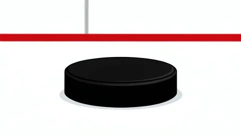 A flat-vector illustration of an ice hockey rink with a single puck resting on the white ice surface.