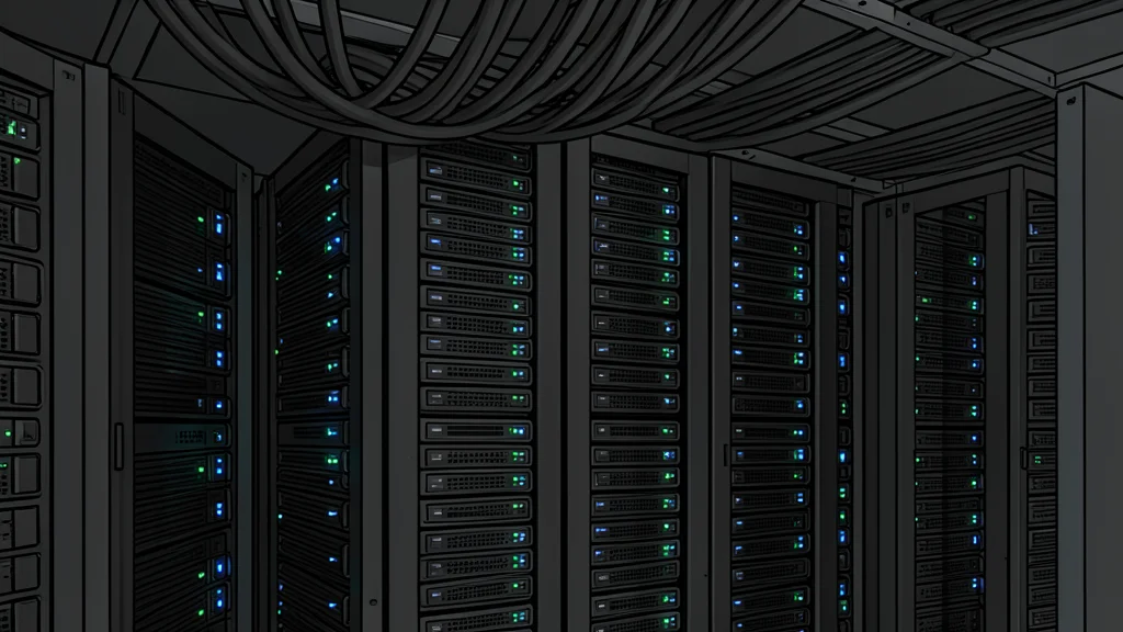 Rows of black server racks in a dimly lit data center aisle