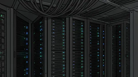 Rows of black server racks in a dimly lit data center aisle