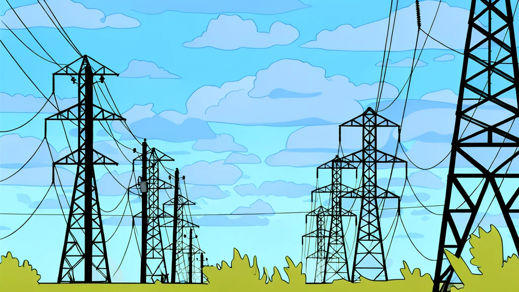 A high-voltage electricity pylon standing in a field with power lines stretching into the distance.