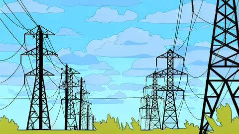 A high-voltage electricity pylon standing in a field with power lines stretching into the distance.