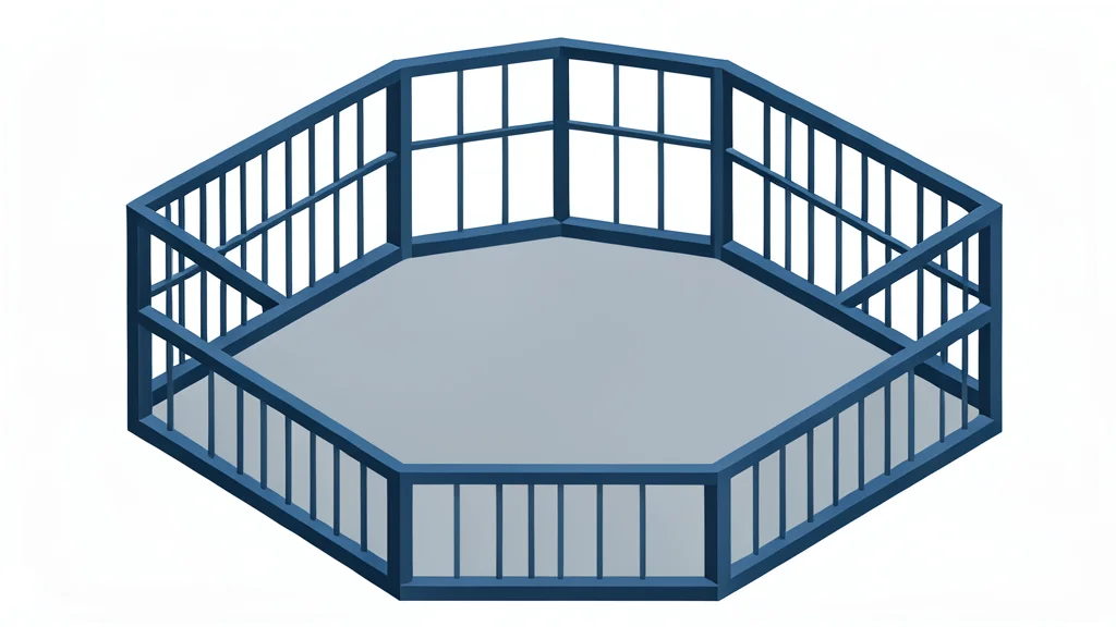 A flat-vector illustration of a padded octagon cage with a central canvas floor and surrounding steel fencing.