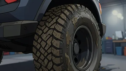 A rugged off-road vehicle driving through a heavy rainstorm on a muddy dirt track
