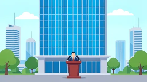 A modern office building facade in Kuala Lumpur with a press conference setup outside