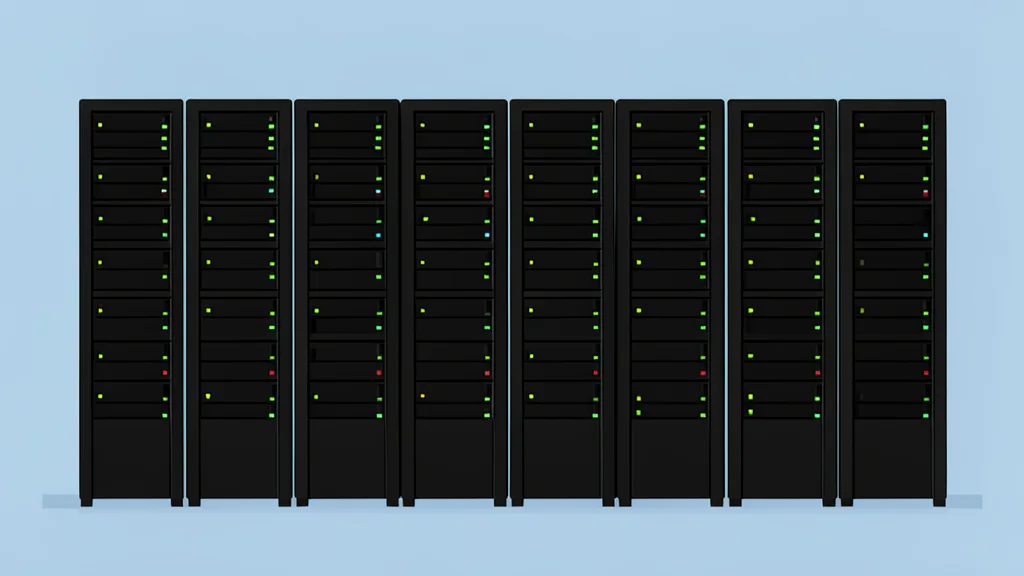 A large, modern server room with rows of black computer racks and blinking status lights