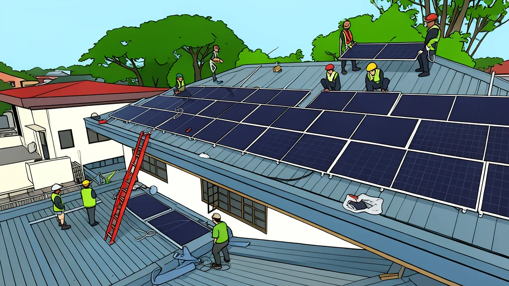 A row of dark blue photovoltaic panels mounted on the sloped roof of a residential house