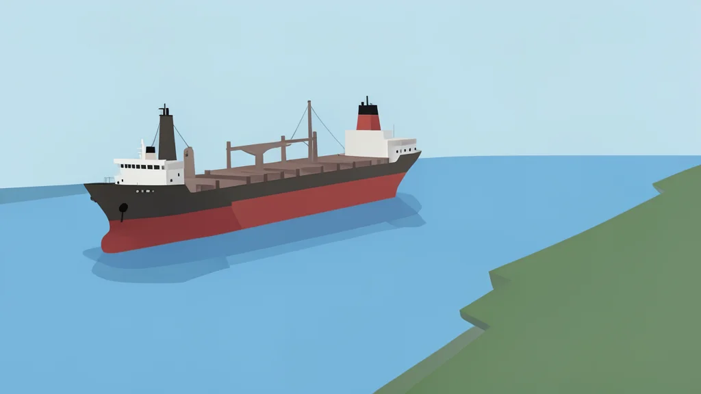 A large oil tanker ship floating on the sea near a narrow strait