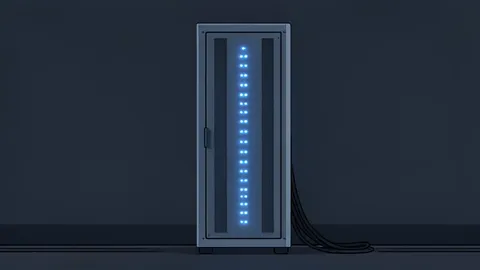 A stylized server rack standing in the center of a clean, minimalist data center room.