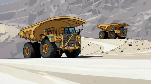 A large open-pit mine with terraced earth walls and heavy mining trucks operating on the surface