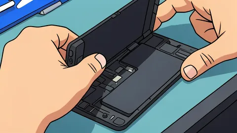 A disassembled smartphone chassis with modular internal components like the battery and screen laid out neatly on a workbench next to a small precision screwdriver.