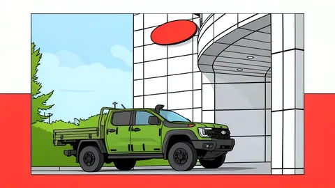 A heavy-duty pickup truck with camouflage paint parked outside a large industrial factory building