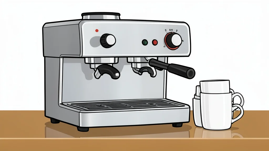 A stainless steel espresso machine and a stack of ceramic coffee cups on a wooden counter
