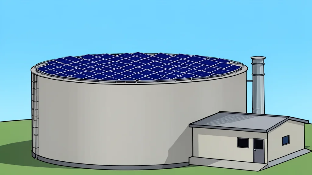 A flat vector illustration of solar panels on a wastewater treatment facility roof with adjacent agricultural fields.