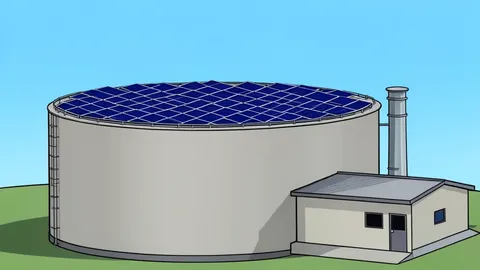 A flat vector illustration of solar panels on a wastewater treatment facility roof with adjacent agricultural fields.