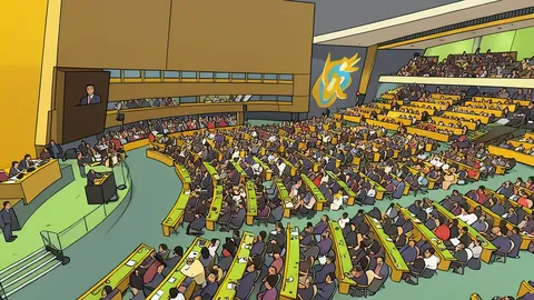 A wide view of the United Nations General Assembly Hall interior with rows of empty seats and a central podium.