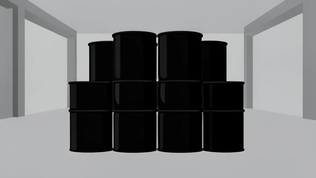 A stack of black oil barrels in a warehouse