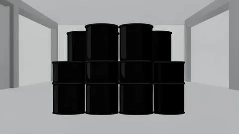 A stack of black oil barrels in a warehouse