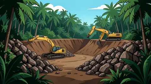 A rugged open-pit mining site in dense tropical forest with heavy excavation equipment and piles of raw ore.