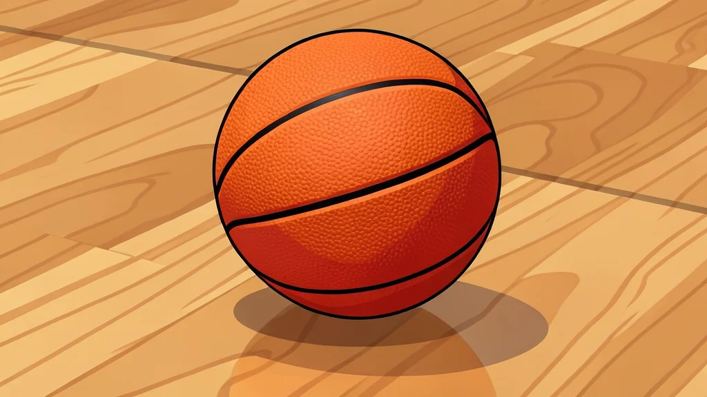 A basketball resting on a polished hardwood court floor