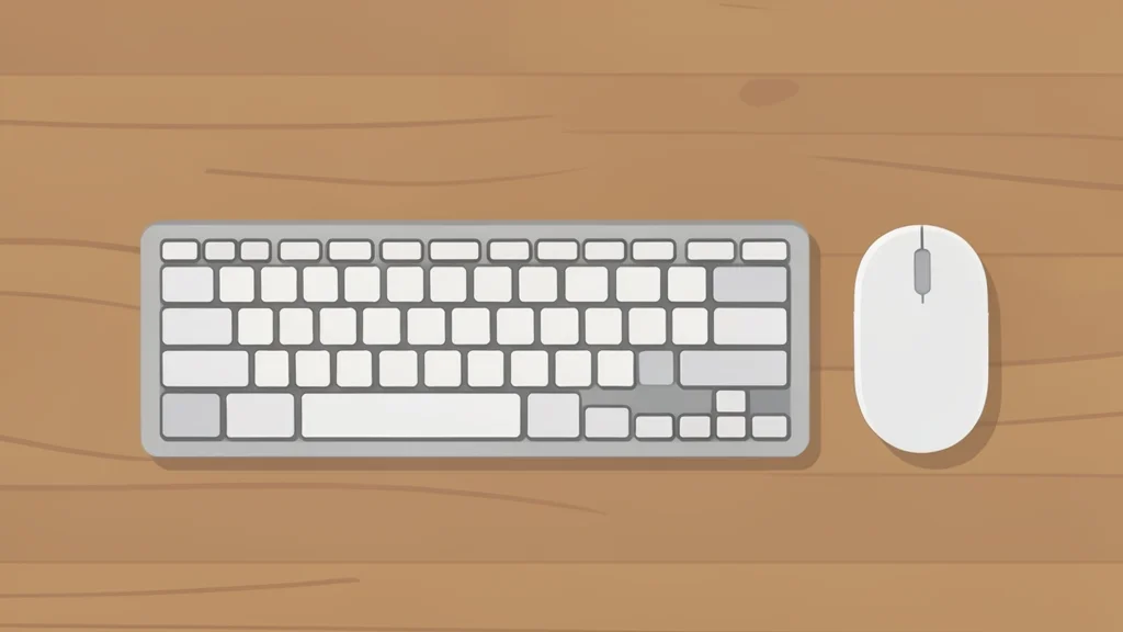 A high-angle view of a wooden desk featuring a mechanical keyboard and a computer mouse.