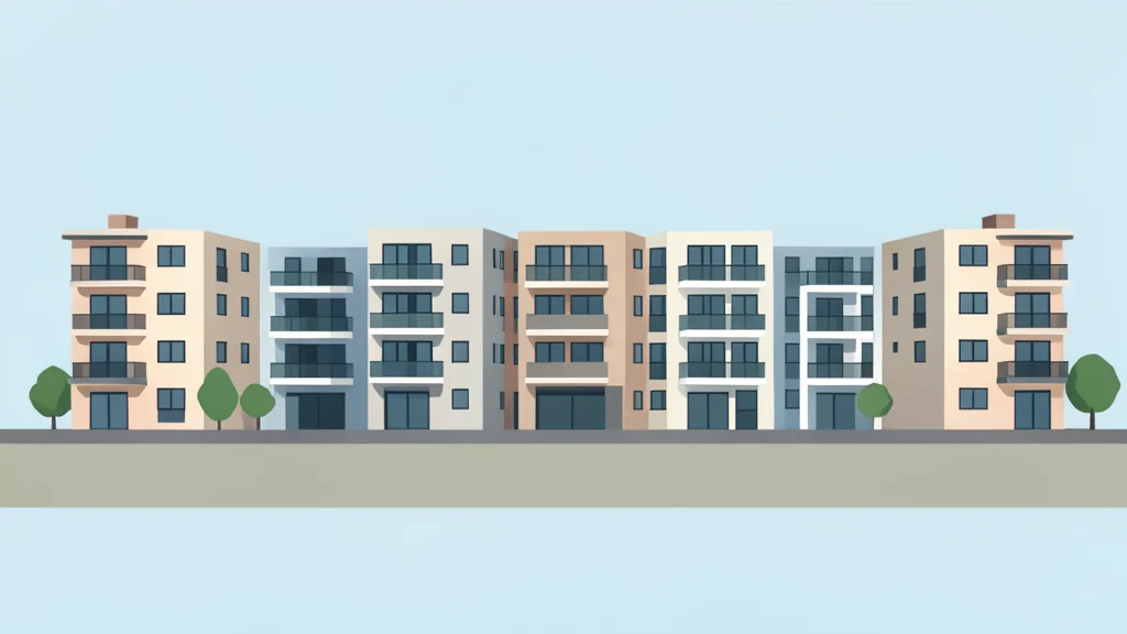 A row of modern multi-story residential apartment buildings with balconies