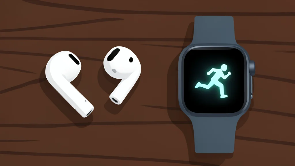 A smartwatch with a glowing screen displaying a running figure, resting on a wooden desk next to a pair of wireless earbuds.