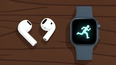 A smartwatch with a glowing screen displaying a running figure, resting on a wooden desk next to a pair of wireless earbuds.