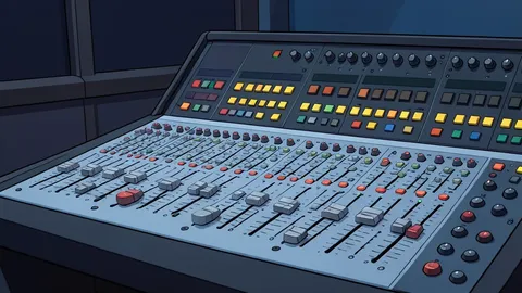 A television studio control room with mixing consoles and camera monitors