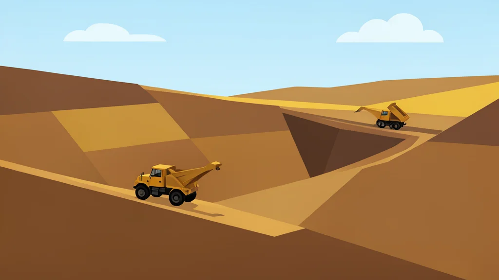 An open-pit gold mine with terraced earth walls and heavy mining trucks operating on the surface