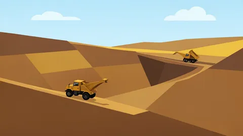 An open-pit gold mine with terraced earth walls and heavy mining trucks operating on the surface