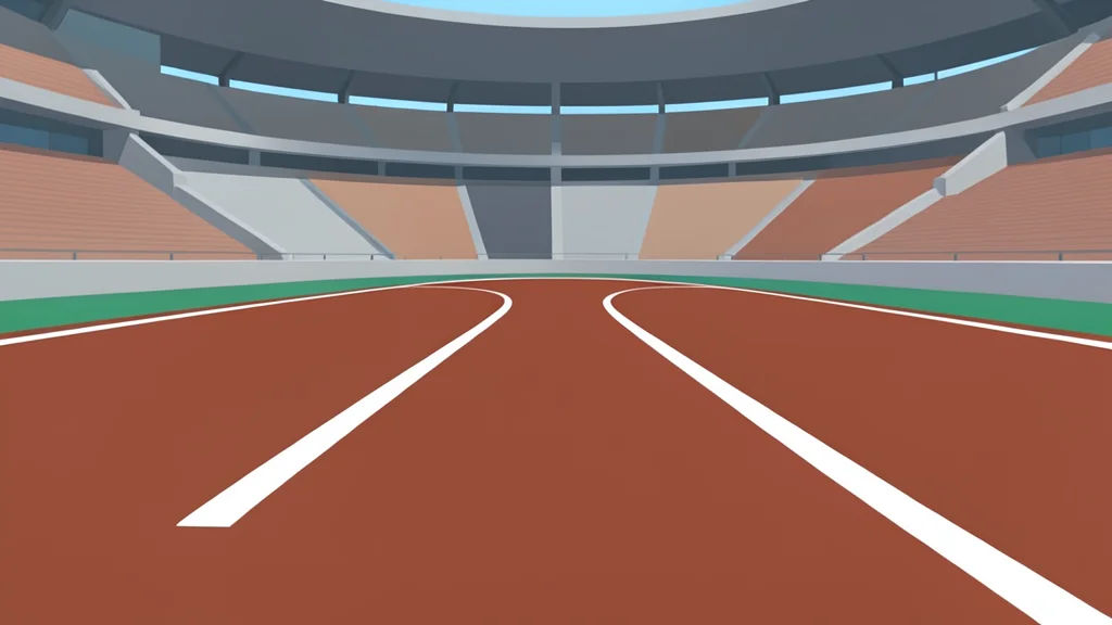 A curved, reddish-brown synthetic racing track surface with white lane markings, set within a large outdoor stadium bowl.